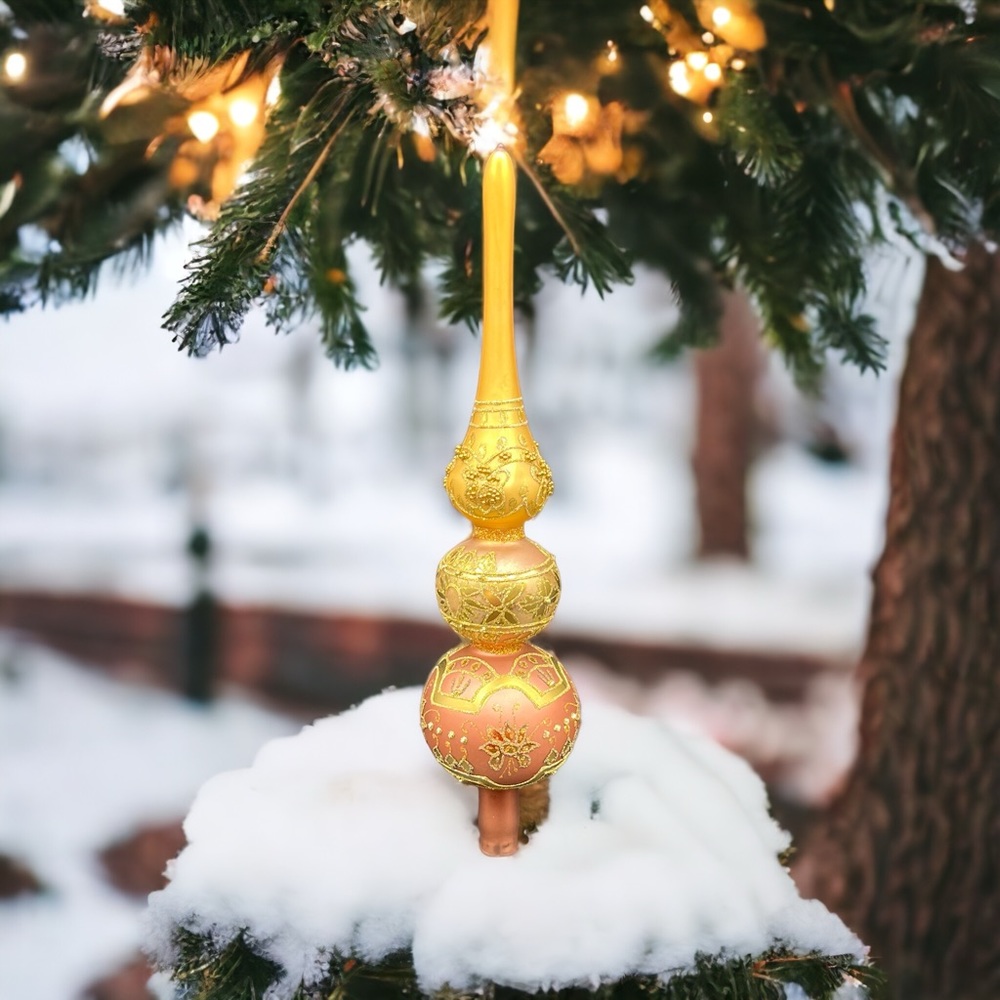 13” Poland Depart 56 Finial Glass Tree Topper Gold Glitter Christmas Ornament